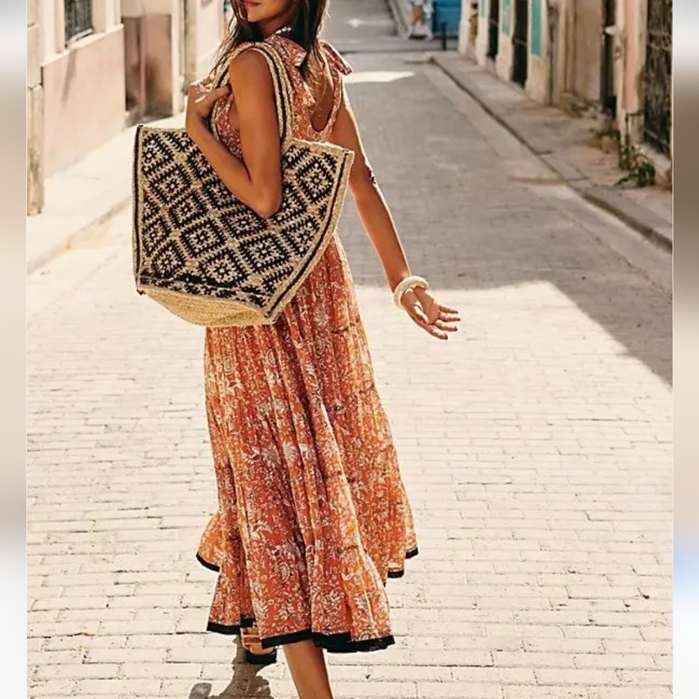 Free People Floral Kika Midi Dress in RED, Brown, and Black XS - Picture 3 of 7